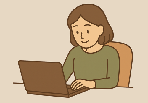 パソコンで文章を打ち込みながら相談する女性のイラスト