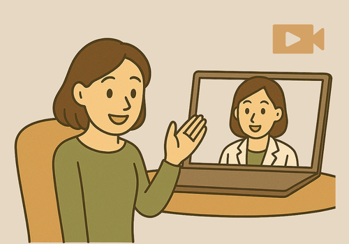 ビデオ通話で相談している女性と相談員のイラスト